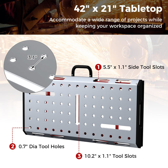 42 Inches x 21 Inches Welding Table with Adjustable Height and 2 Bar Clamps-Silver