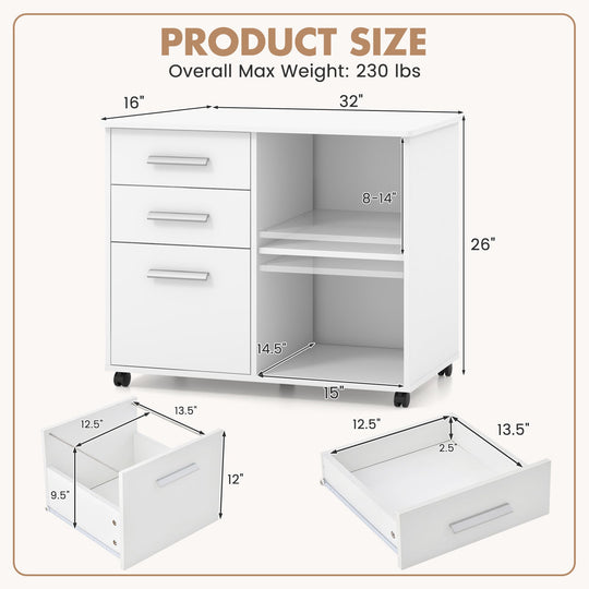 3-Drawer Mobile Lateral File Cabinet Printer Stand