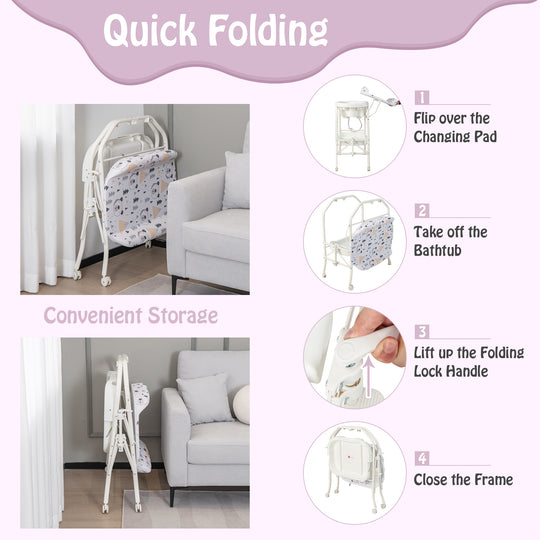 Folding Baby Changing Table with Bathtub and 4 Universal Wheels-White