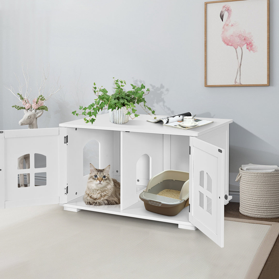 Large Wooden Cat Litter Box Enclosure Hidden Cat Washroom with Divider White