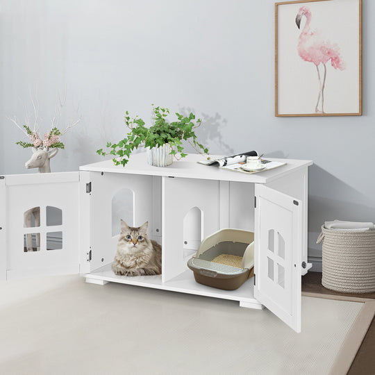 Large Wooden Cat Litter Box Enclosure Hidden Cat Washroom with Divider White