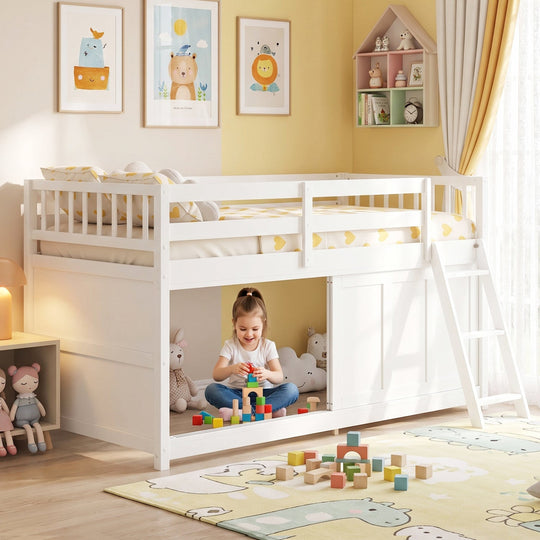 Twin Loft Bed with Sliding Door Storage Cabinet - White