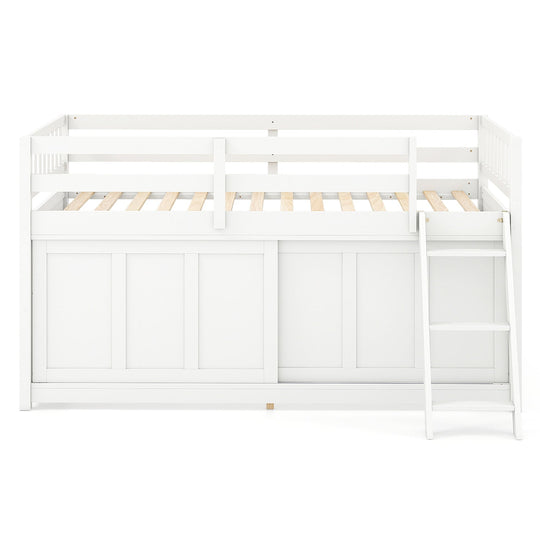 Twin Loft Bed with Sliding Door Storage Cabinet - White