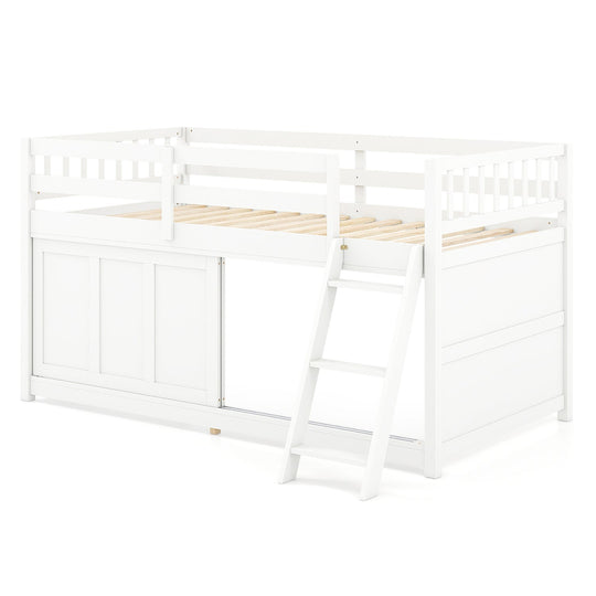 Twin Loft Bed with Sliding Door Storage Cabinet - White