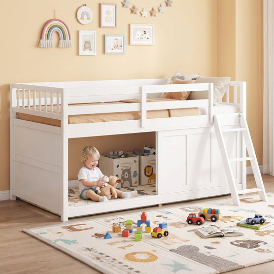 Twin Loft Bed with Sliding Door Storage Cabinet - White