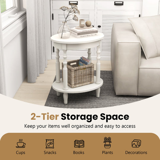 Oval Side Table with Storage Shelf and Wood Legs