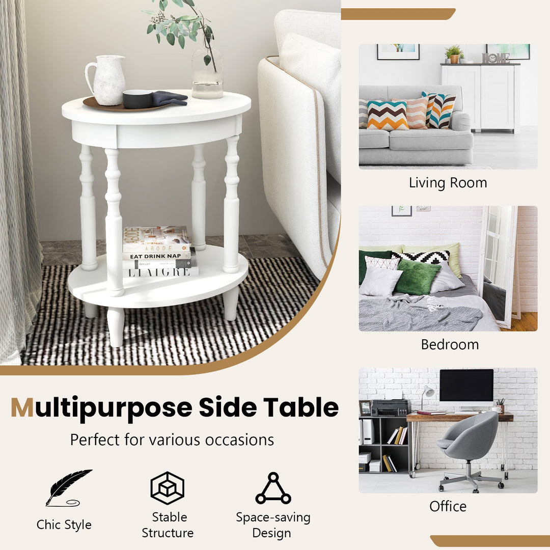 Oval Side Table with Storage Shelf and Wood Legs