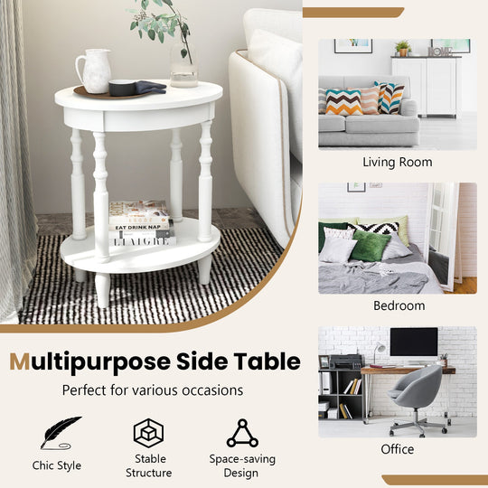 Oval Side Table with Storage Shelf and Wood Legs
