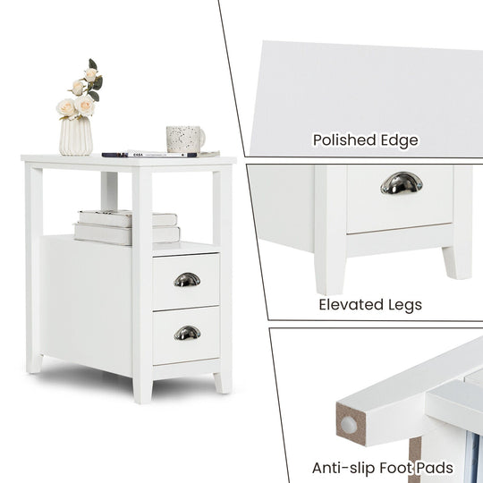 Set of 2 End Table Wooden with 2 Drawer & Shelf Bedside Table