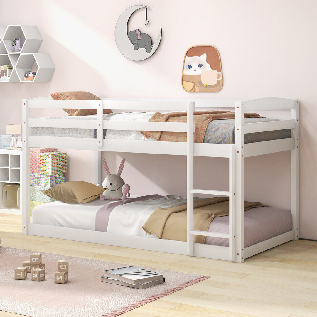 Twin Size Bunk Bed with High Guardrails and Integrated Ladder-White