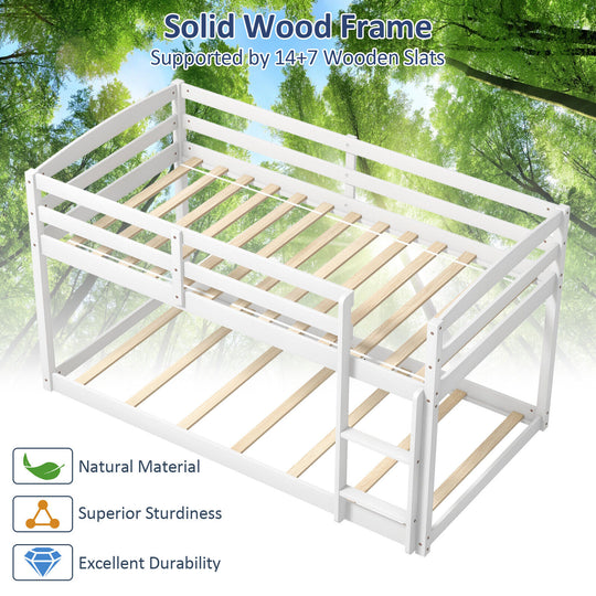 Twin Size Bunk Bed with High Guardrails and Integrated Ladder-White