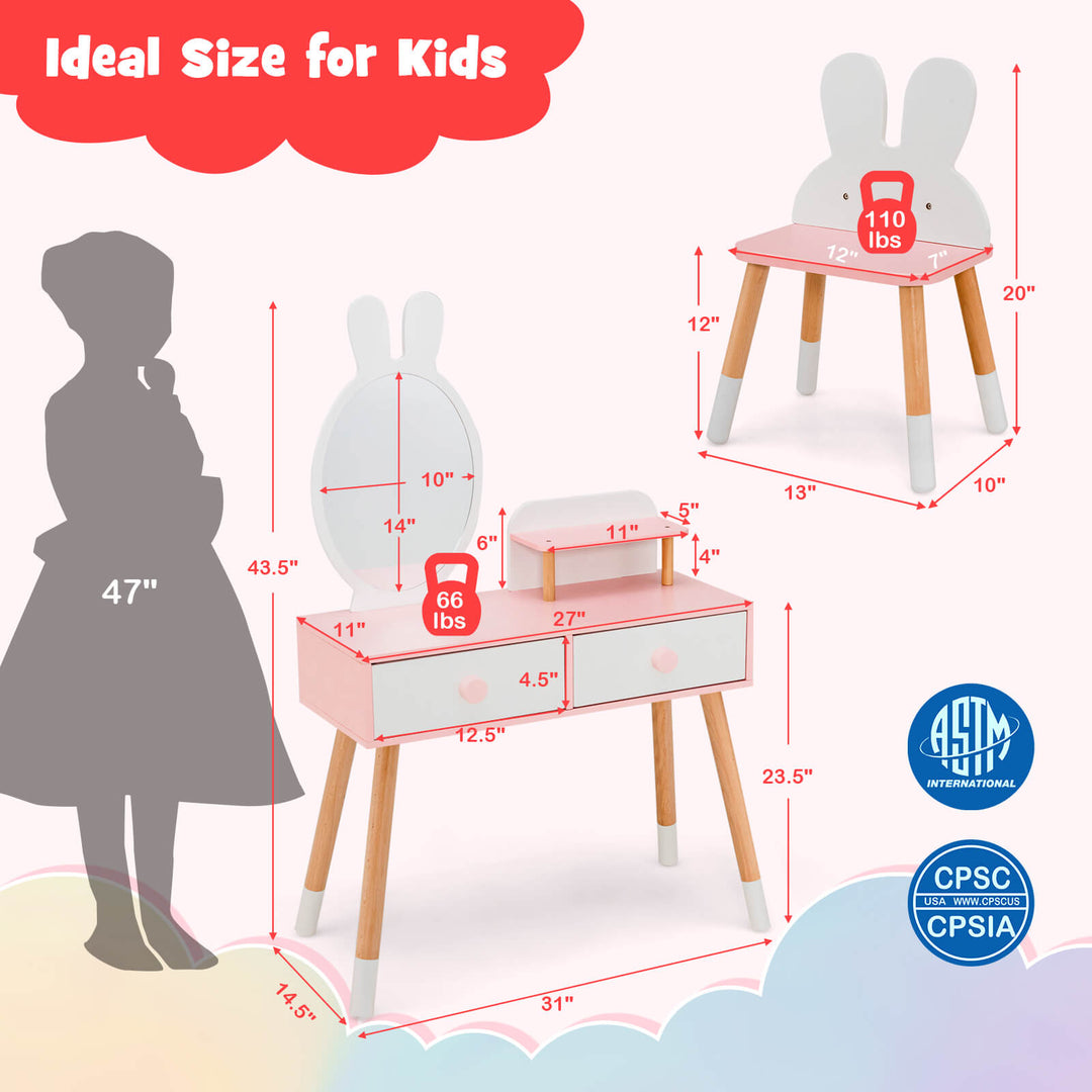 Kids Vanity Table and Chair Set with Drawer Shelf and Rabbit Mirror-White