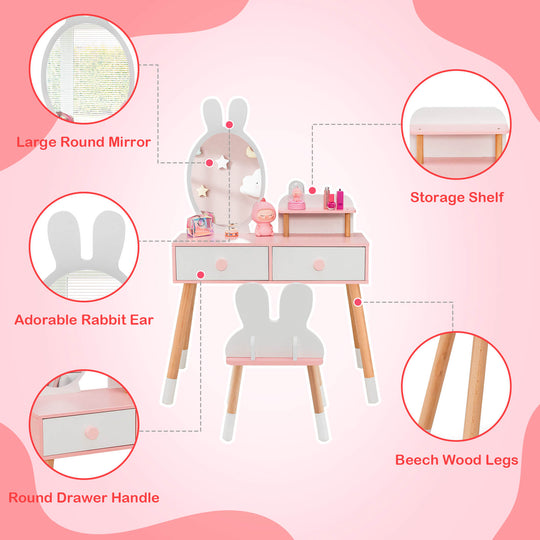 Kids Vanity Table and Chair Set with Drawer Shelf and Rabbit Mirror-White