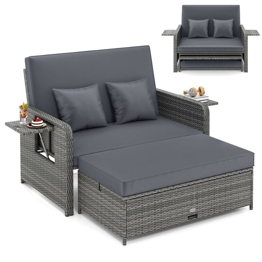 Patio Wicker Loveseat Sofa with Multipurpose Ottoman and Retractable Side Tray