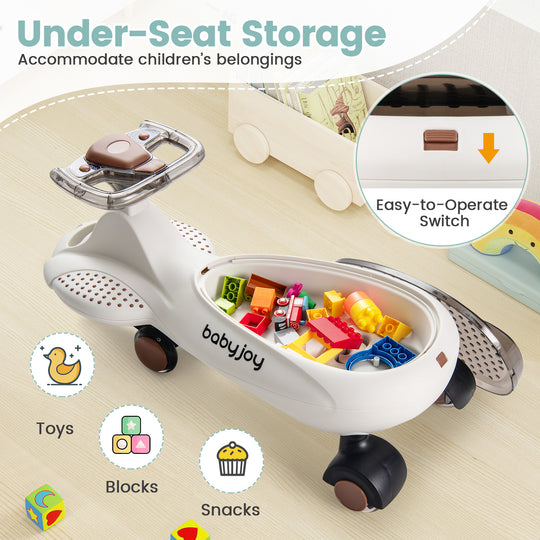 Wiggle Car with Hauling Rope Ride on Toy with Under-Seat Storage-Beige