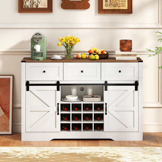 52 Inches Wine Bar Cabinet with LED Lights and Sliding Barn Doors