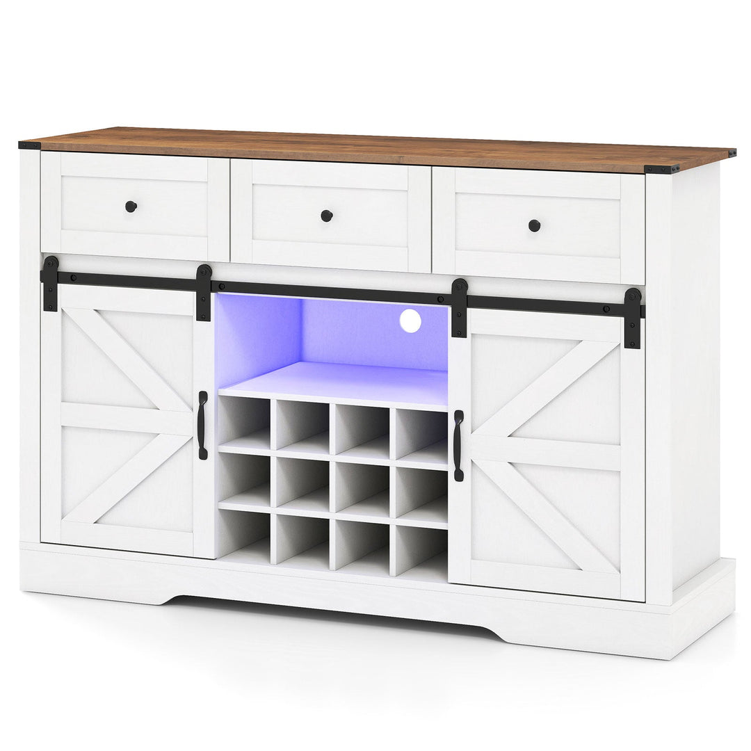 52 Inches Wine Bar Cabinet with LED Lights and Sliding Barn Doors
