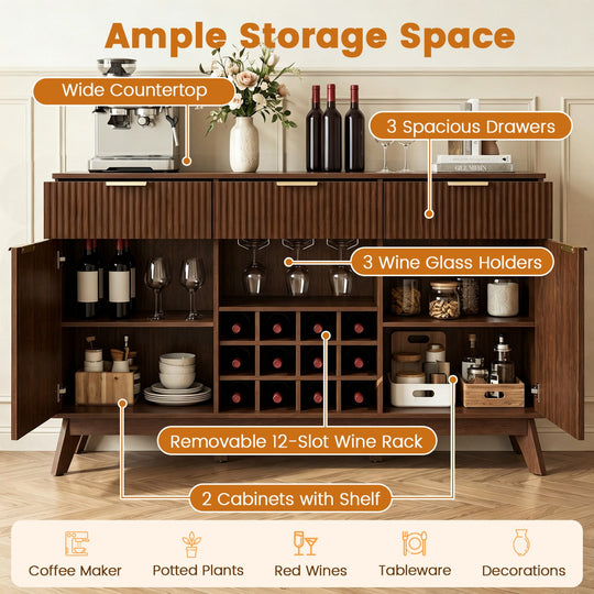 Wine Bar Cabinet with Adjustable Shelves and Glass Holders