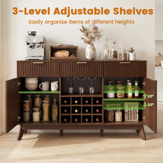 Wine Bar Cabinet with Adjustable Shelves and Glass Holders