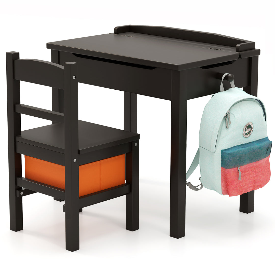 Wood Activity Kids Table and Chair Set with Storage Space-Dark Brown