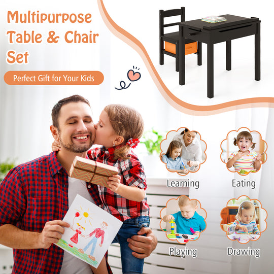 Wood Activity Kids Table and Chair Set with Storage Space-Dark Brown