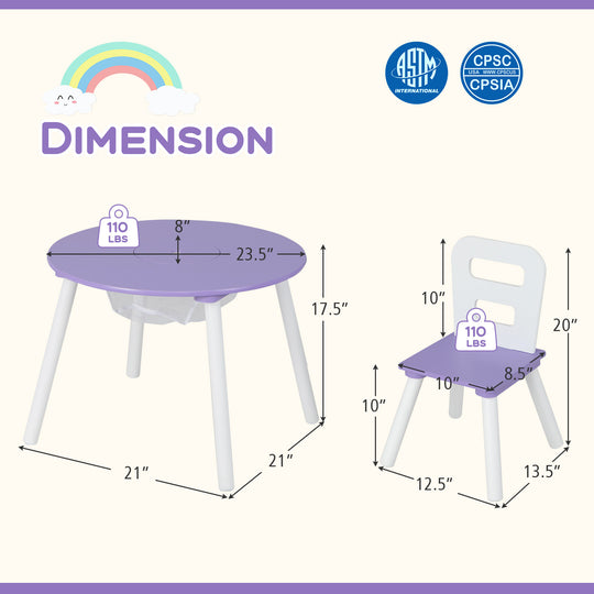 Wood Activity Kids Table and Chair Set with Center Mesh Storage-Purple