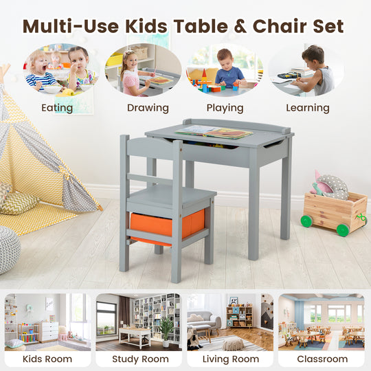 Wood Activity Kids Table and Chair Set with Storage Space-Gray