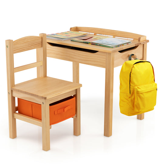Wood Activity Kids Table and Chair Set with Storage Space-Natrual