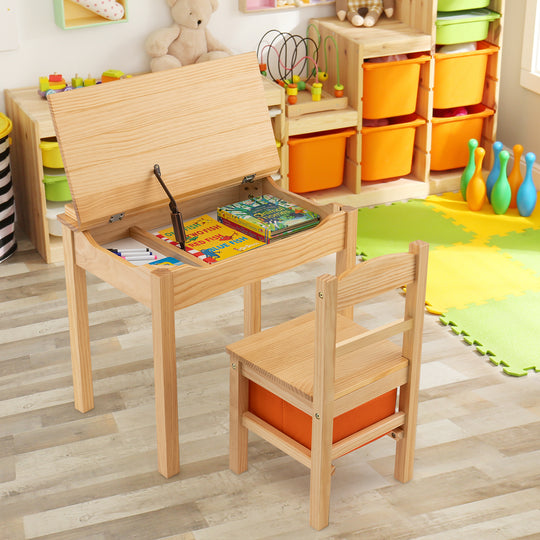 Wood Activity Kids Table and Chair Set with Storage Space-Natrual