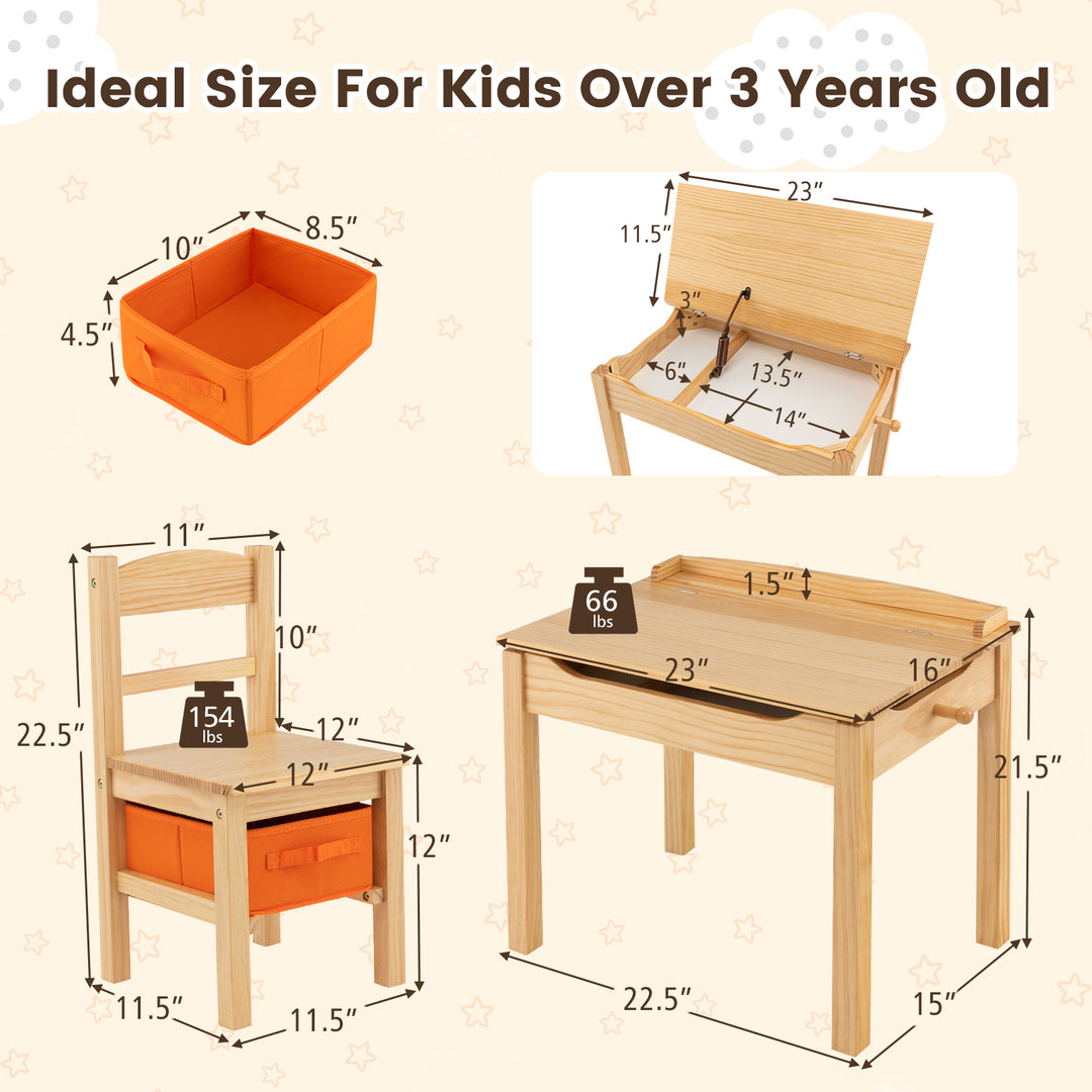 Wood Activity Kids Table and Chair Set with Storage Space-Natrual