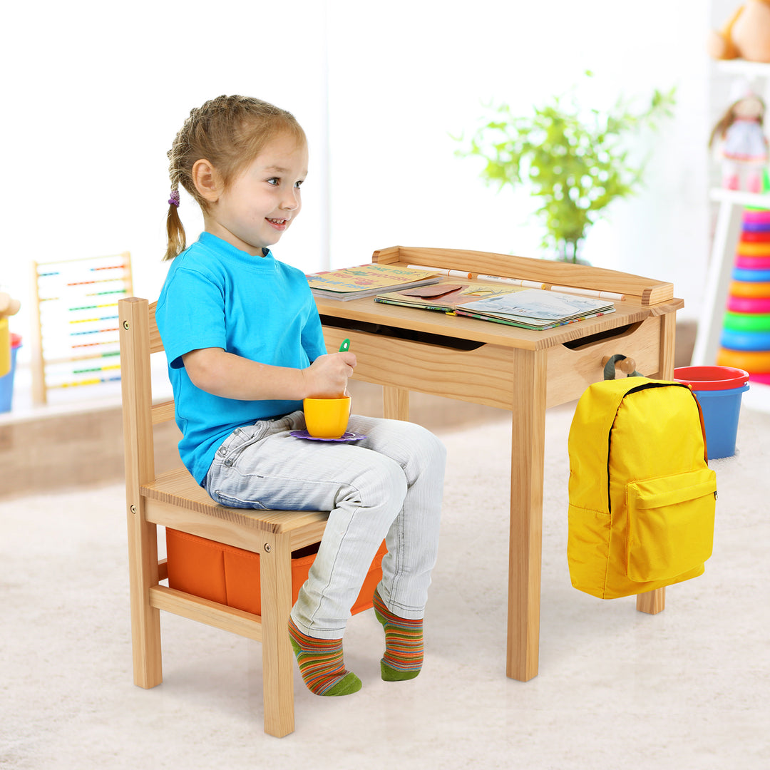 Wood Activity Kids Table and Chair Set with Storage Space-Natrual