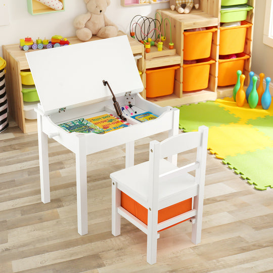 Flip-Top Wood Kids Activity Table and Chair Set with Hidden Storage Space-White