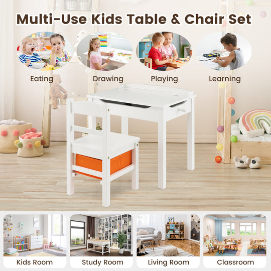Flip-Top Wood Kids Activity Table and Chair Set with Hidden Storage Space-White