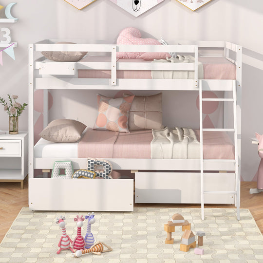 Twin Over Twin Bunk Bed Wood Bed Frame with 2 Storage Drawers and Ladder