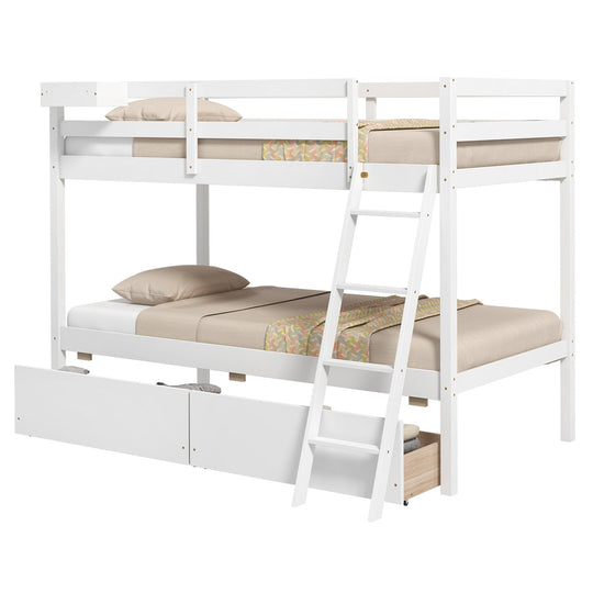 Twin Over Twin Bunk Bed Wood Bed Frame with 2 Storage Drawers and Ladder