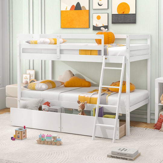 Twin Over Twin Bunk Bed Wood Bed Frame with 2 Storage Drawers and Ladder