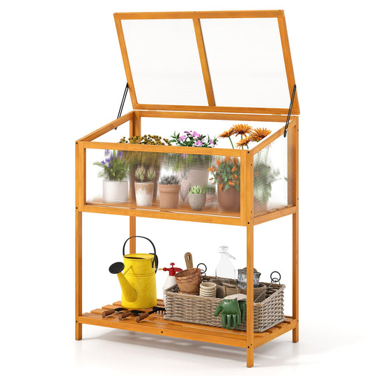 Wood Cold Frame Greenhouse with Transparent Openable Roof and Slatted Storage Shelf-Orange