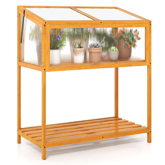 Wood Cold Frame Greenhouse with Transparent Openable Roof and Slatted Storage Shelf-Orange