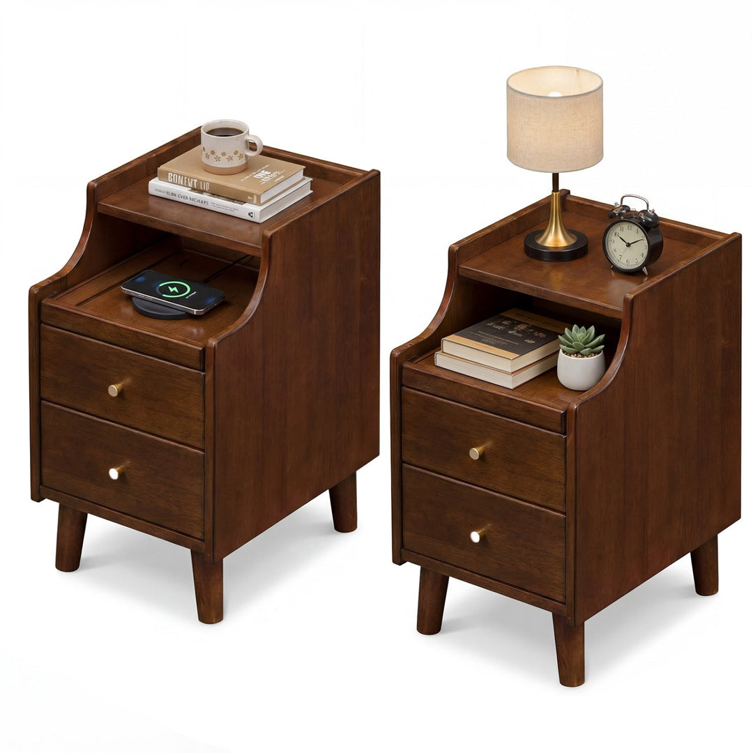 Wood Nightstand Set of 2 with Drawers and Solid Wood Legs