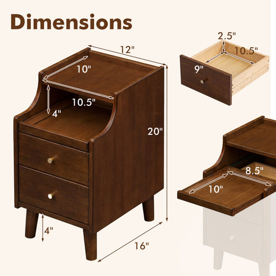 Wood Nightstand Set of 2 with Drawers and Solid Wood Legs