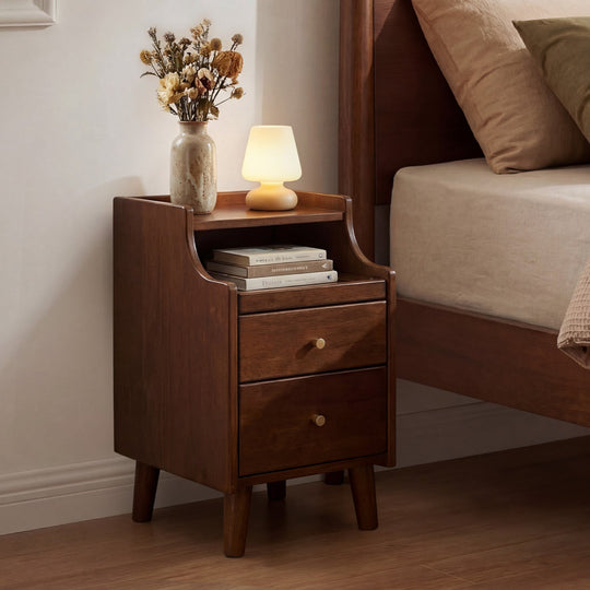Wood Nightstand Set of 2 with Drawers and Solid Wood Legs