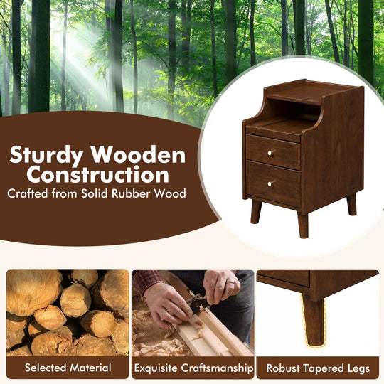 Wood Nightstand Set of 2 with Drawers and Solid Wood Legs