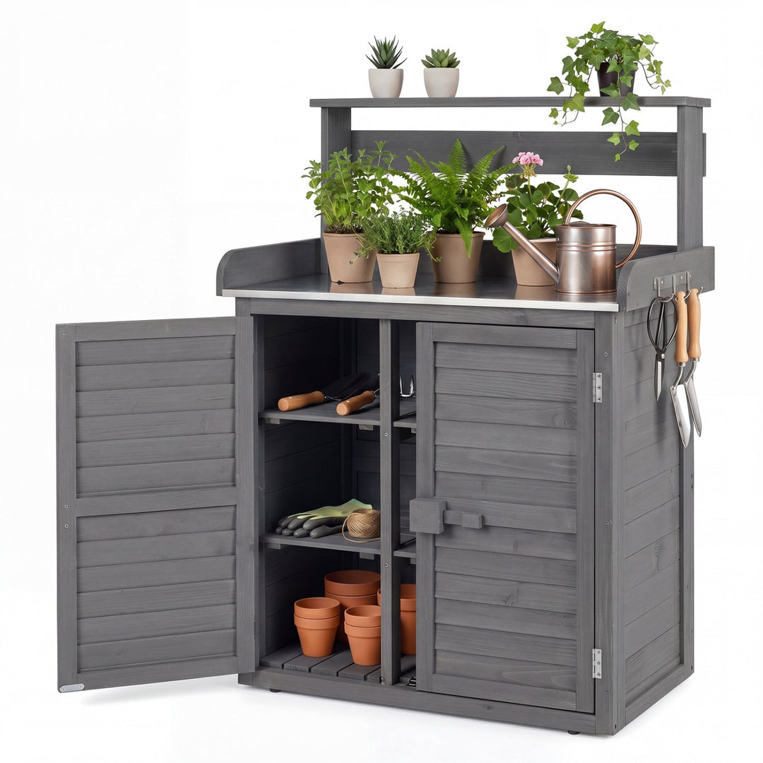 Wood Potting Bench with Stainless Steel Top and Storage