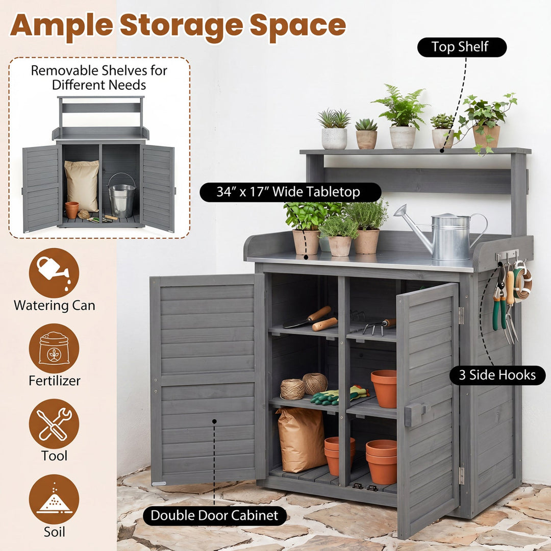 Wood Potting Bench with Stainless Steel Top and Storage