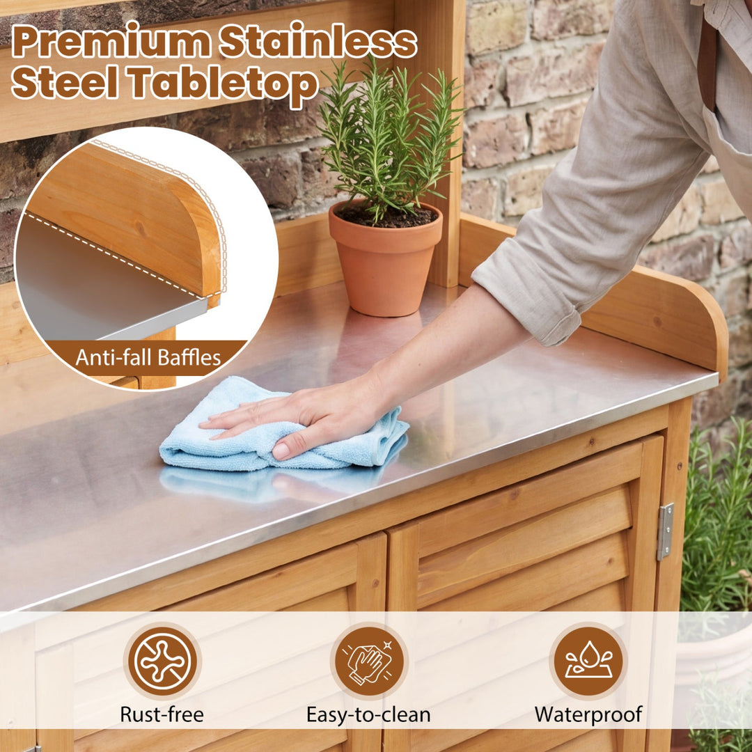 Wood Potting Bench with Stainless Steel Top and Storage