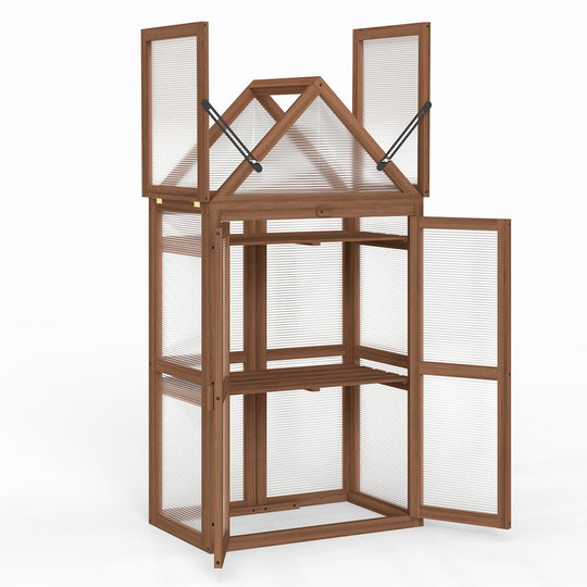 Wood Raised Flower Planter Shelf with Adjustable Shelves-Brown