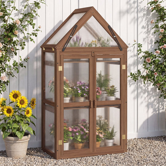 Wood Raised Flower Planter Shelf with Adjustable Shelves-Brown
