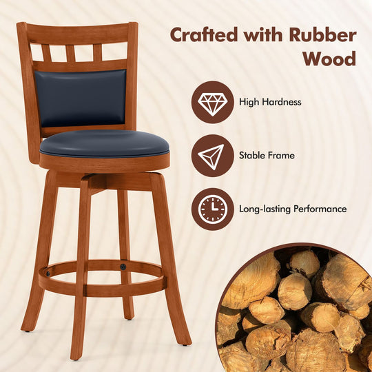 Wood Swivel Bar Stools Set of 4 with Faux Leather Upholstered Seat and Back-24"