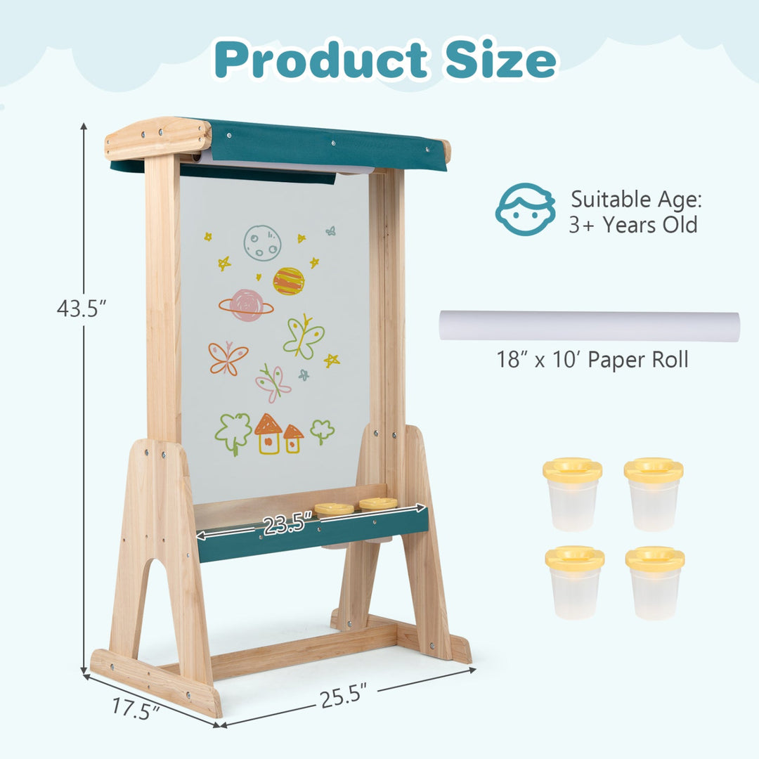 Wooden Art Easel for Kids with Canopy and Paper Roll