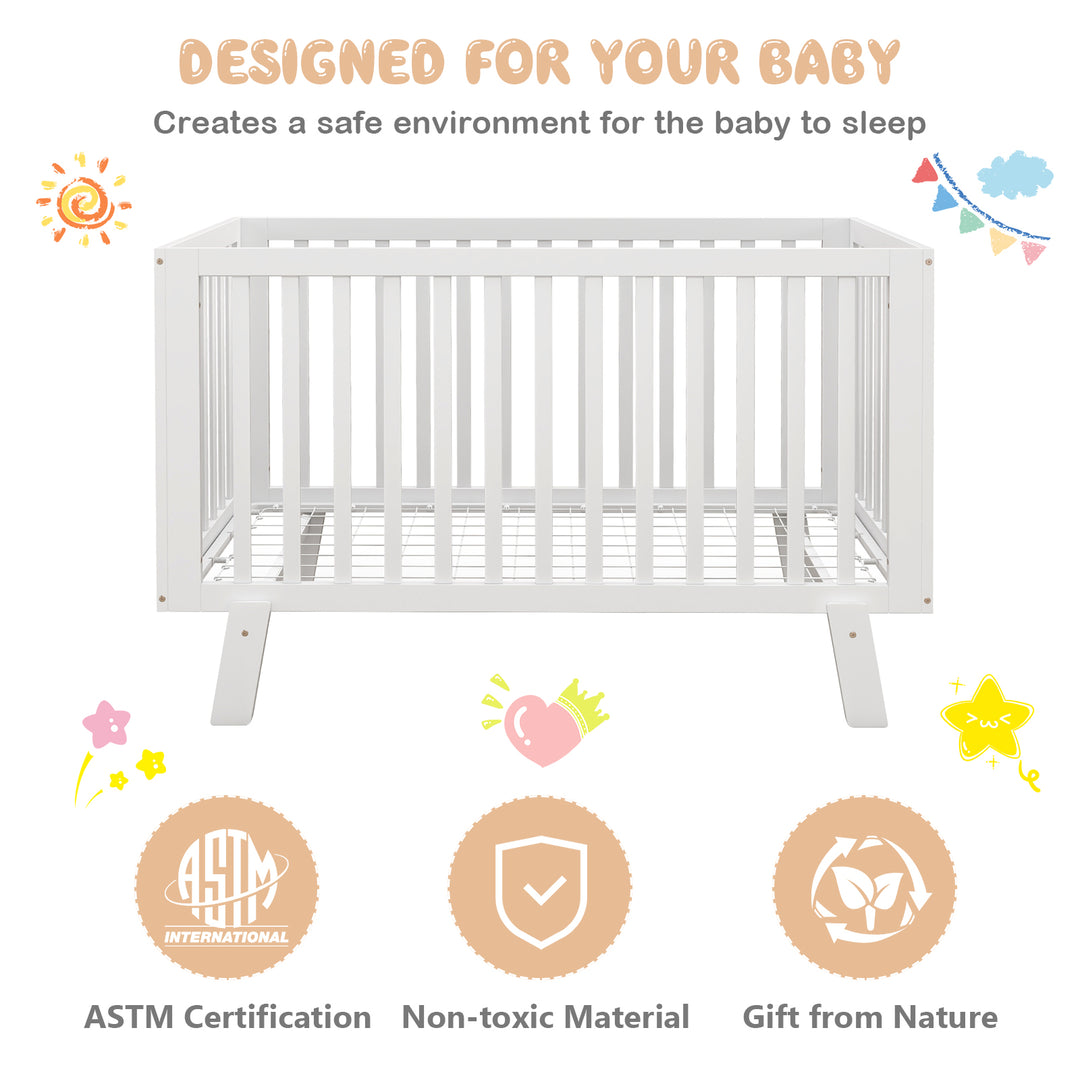 Rubber Wood Baby Crib with Adjustable Mattress Heights and Guardrails-White